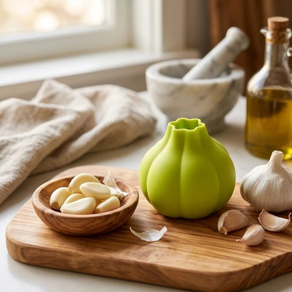 8pc Kitchen Accessories Set - Bamboo Dish Brush, Avocado Slicer, Garlic Press & Peeler, Dumpling Maker & Tongs, Hand Wash