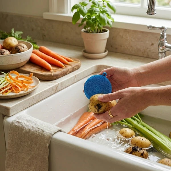 8pc Kitchen Accessories Set - Bamboo Dish Brush, Avocado Slicer, Garlic Press & Peeler, Dumpling Maker & Tongs, Hand Wash