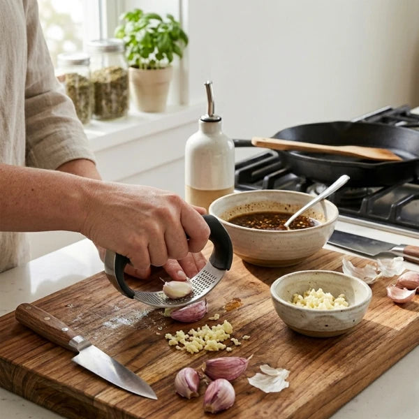 8pc Kitchen Accessories Set - Bamboo Dish Brush, Avocado Slicer, Garlic Press & Peeler, Dumpling Maker & Tongs, Hand Wash