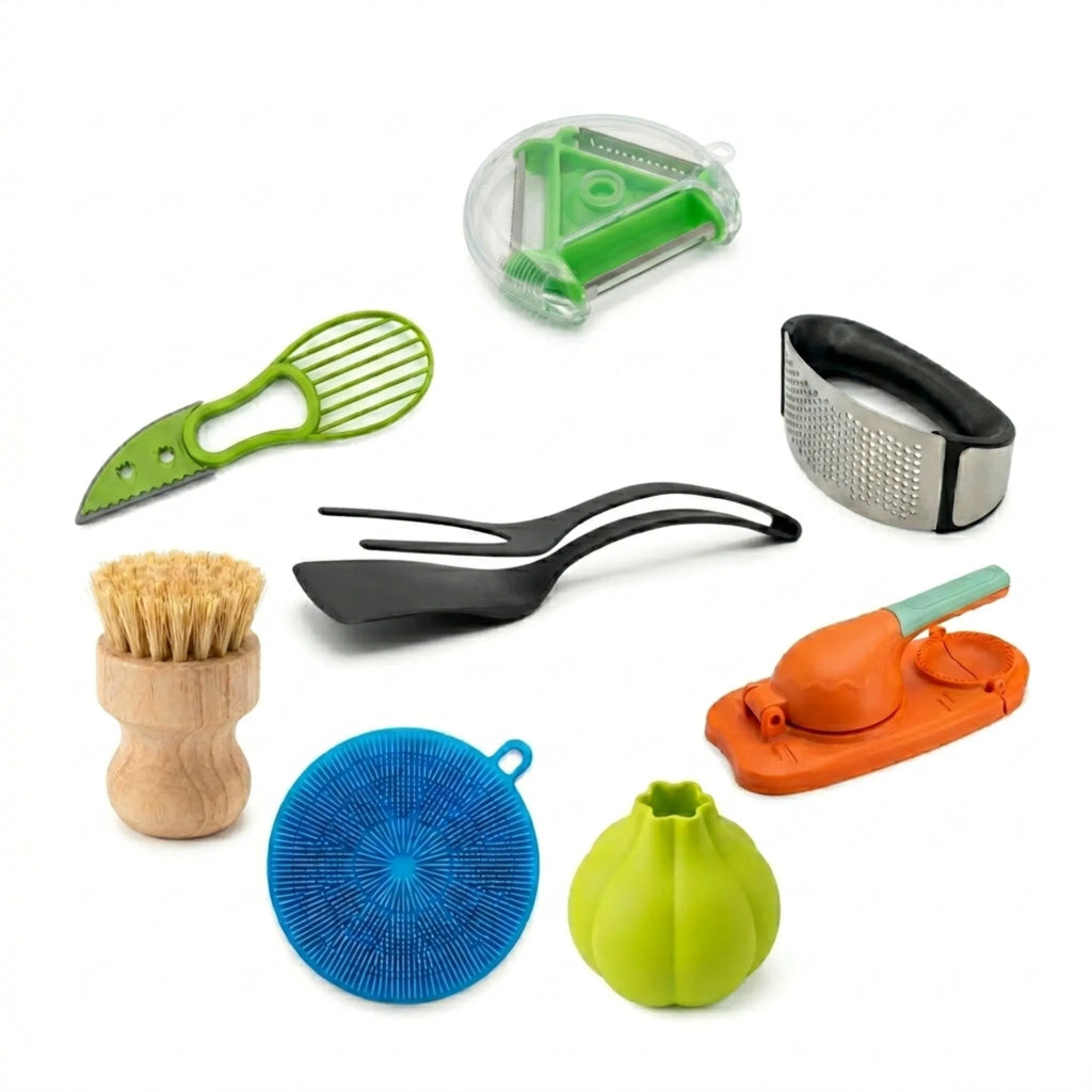 AEELLEEA 8pc Kitchen Accessories Set - Bamboo Dish Brush, Avocado Slicer, Garlic Press & Peeler, Dumpling Maker & Tongs, Hand Wash