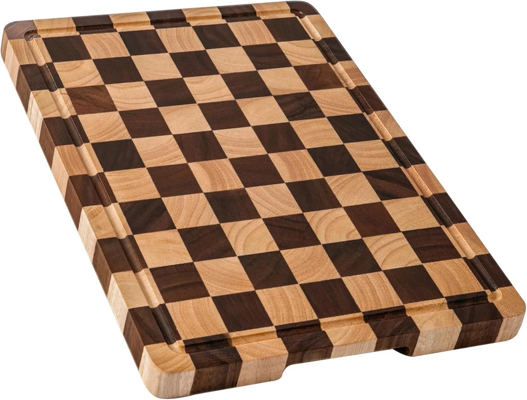 Acacia Wood Checkered Cutting Board 16.5"x11.6", Grid Board with Juice Groove & Handles for Kitchen