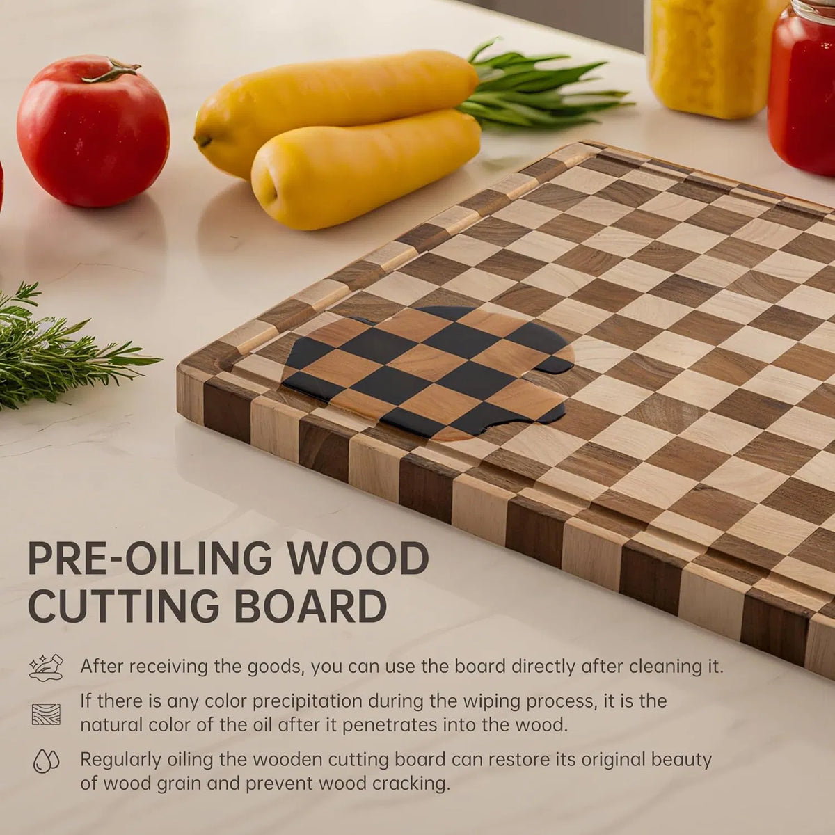 Acacia Wood Checkered Cutting Board 16.5"x11.6", Grid Board with Juice Groove & Handles for Kitchen