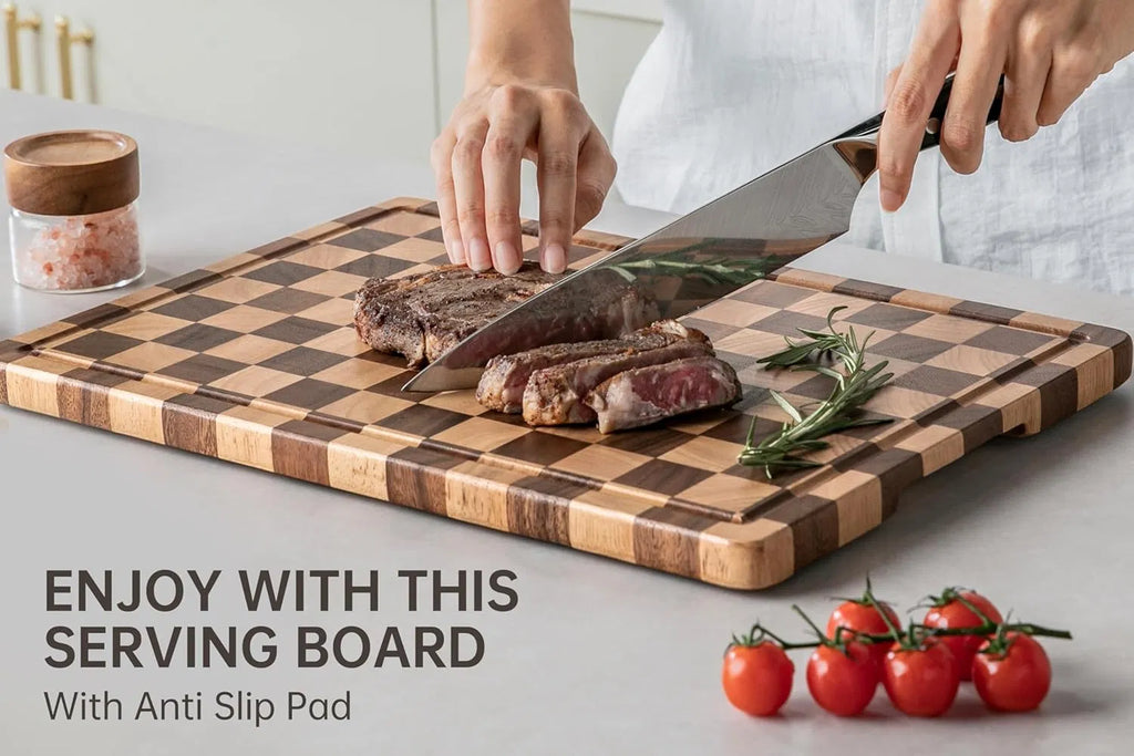 Acacia Wood Checkered Cutting Board 16.5"x11.6", Grid Board with Juice Groove & Handles for Kitchen