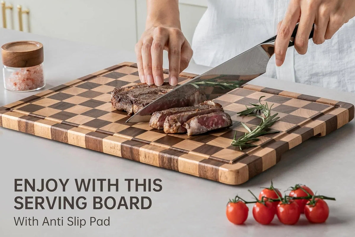 Acacia Wood Checkered Cutting Board 16.5"x11.6", Grid Board with Juice Groove & Handles for Kitchen