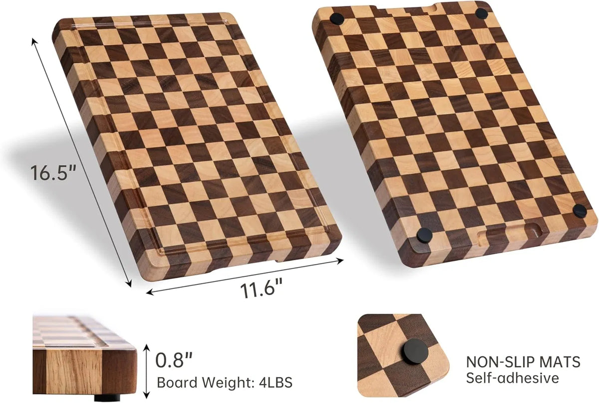 Acacia Wood Checkered Cutting Board 16.5"x11.6", Grid Board with Juice Groove & Handles for Kitchen