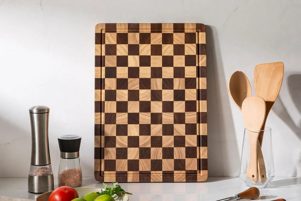 Acacia Wood Checkered Cutting Board 16.5"x11.6", Grid Board with Juice Groove & Handles for Kitchen