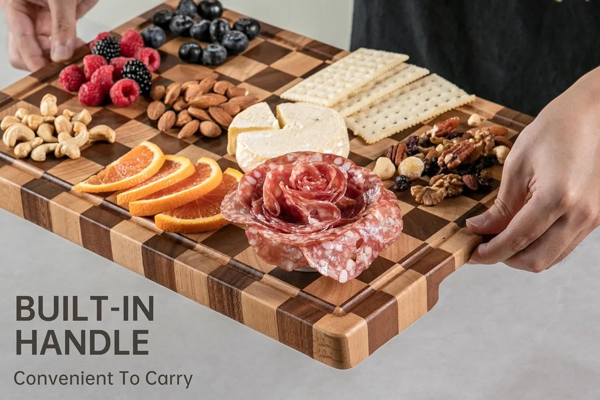 Acacia Wood Checkered Cutting Board 16.5"x11.6", Grid Board with Juice Groove & Handles for Kitchen