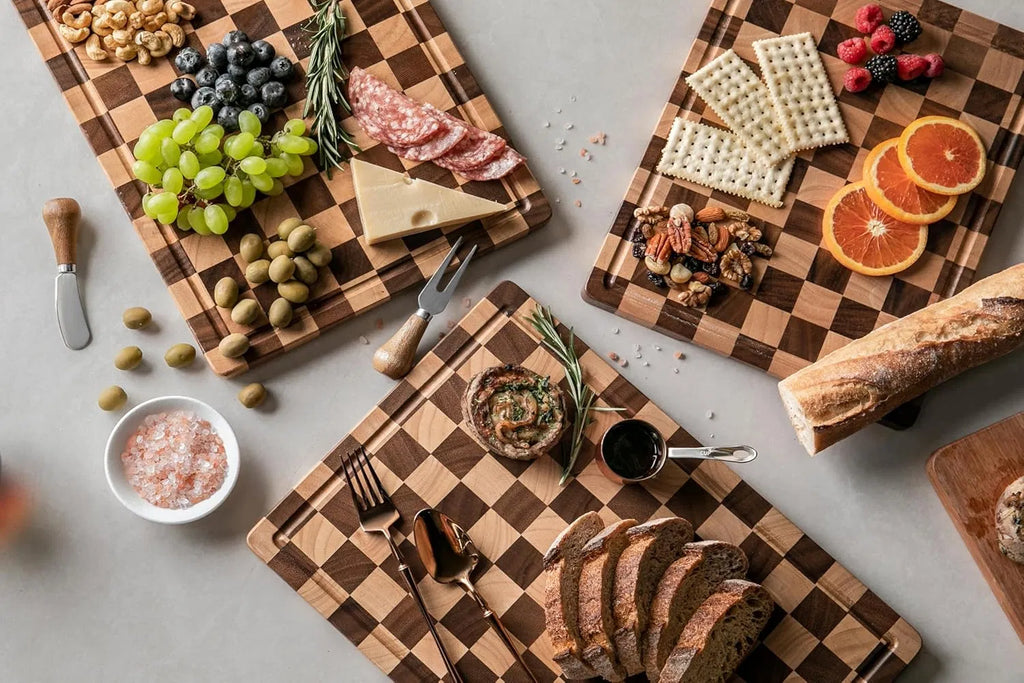 Acacia Wood Checkered Cutting Board 16.5"x11.6", Grid Board with Juice Groove & Handles for Kitchen
