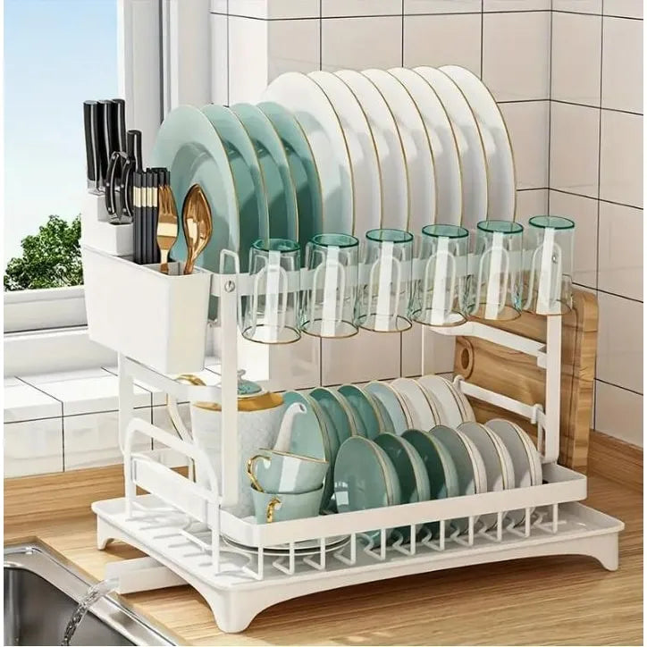 2 Tier White Dish Drying Rack with 360° Rotatable Drain Spout, Kitchen Dish Drainer with Utensil Holder Cup Rack Cutting Board Slot