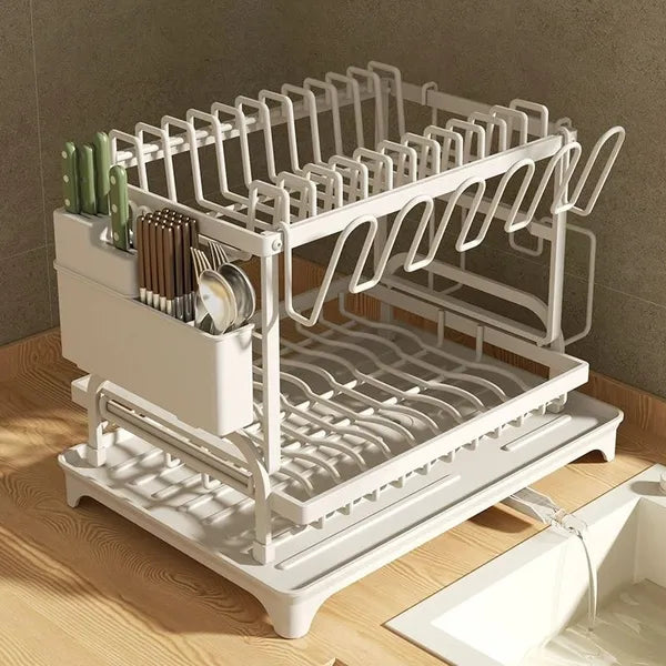2 Tier White Dish Drying Rack with 360° Rotatable Drain Spout, Kitchen Dish Drainer with Utensil Holder Cup Rack Cutting Board Slot
