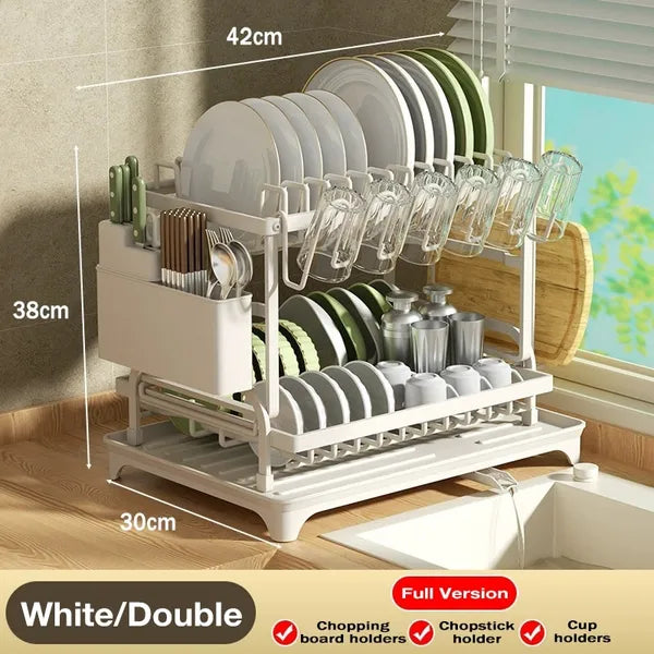 2 Tier White Dish Drying Rack with 360° Rotatable Drain Spout, Kitchen Dish Drainer with Utensil Holder Cup Rack Cutting Board Slot