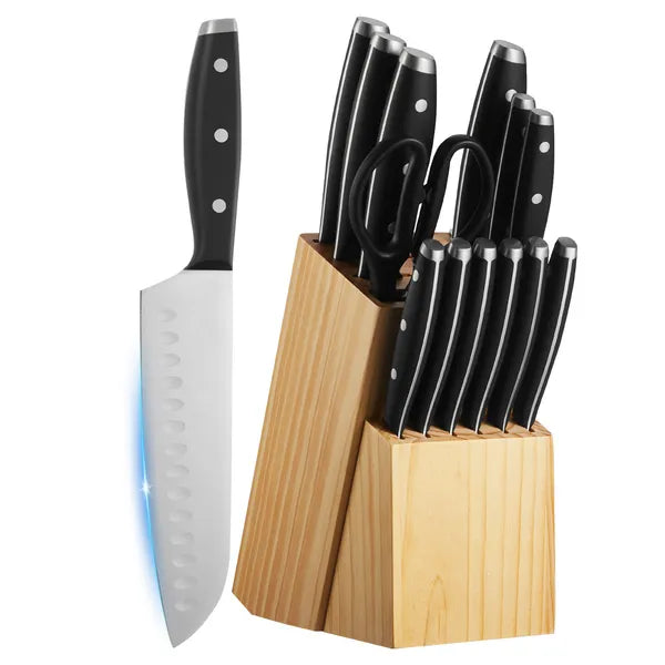 15-Piece Kitchen Knife Set with Block & Sharpener, High Carbon Stainless Steel Ultra Sharp Knives for Home Cooking