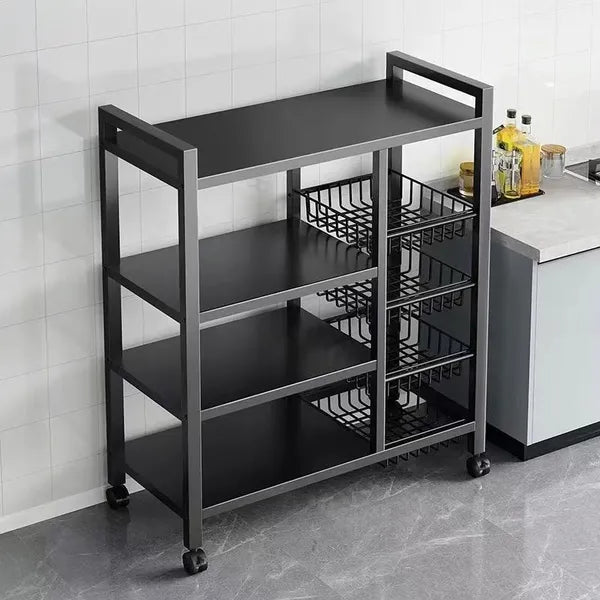 4-Tier Carbon Steel Storage Rack with 3 Detachable Mesh Baskets, Rolling Utility Cart for Kitchen Pantry Bathroom Organizer