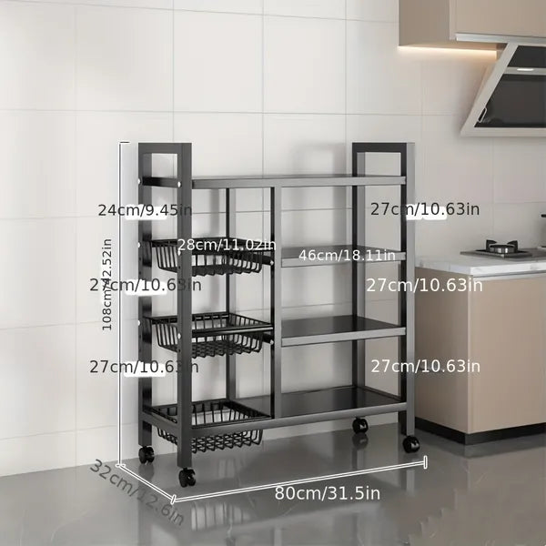 4-Tier Carbon Steel Storage Rack with 3 Detachable Mesh Baskets, Rolling Utility Cart for Kitchen Pantry Bathroom Organizer