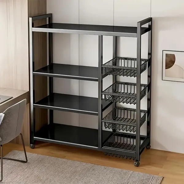 4-Tier Carbon Steel Storage Rack with 3 Detachable Mesh Baskets, Rolling Utility Cart for Kitchen Pantry Bathroom Organizer