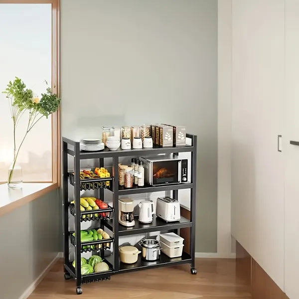 4-Tier Carbon Steel Storage Rack with 3 Detachable Mesh Baskets, Rolling Utility Cart for Kitchen Pantry Bathroom Organizer