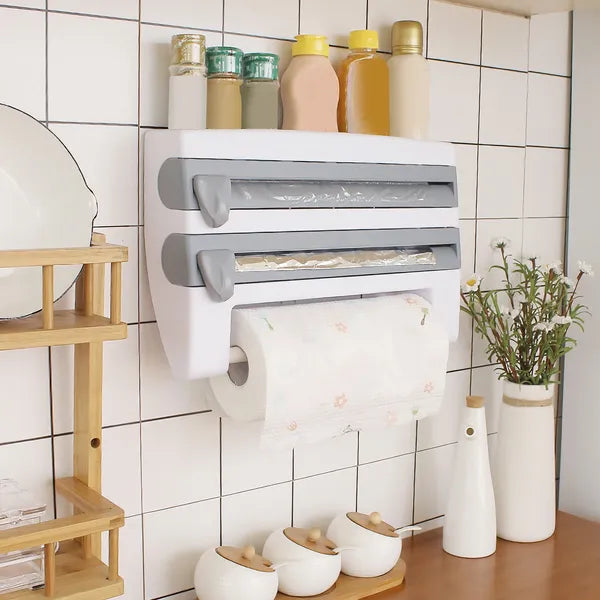 Aeelleea Wall Mount Paper Towel Holder with Cutter, 14.84in Multi Roll Dispenser for Plastic Wrap, Aluminum Foil, Kitchen Bathroom Storage Organizer