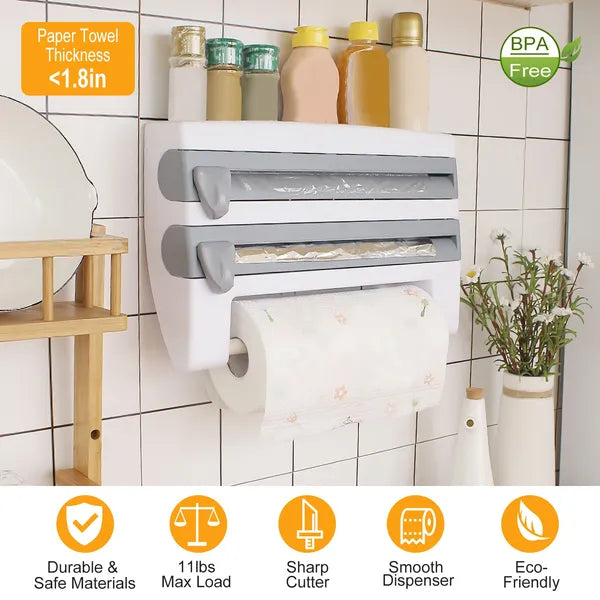 Aeelleea Wall Mount Paper Towel Holder with Cutter, 14.84in Multi Roll Dispenser for Plastic Wrap, Aluminum Foil, Kitchen Bathroom Storage Organizer