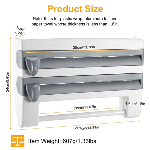 Aeelleea Wall Mount Paper Towel Holder with Cutter, 14.84in Multi Roll Dispenser for Plastic Wrap, Aluminum Foil, Kitchen Bathroom Storage Organizer