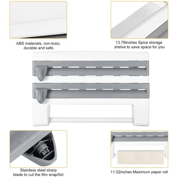 Aeelleea Wall Mount Paper Towel Holder with Cutter, 14.84in Multi Roll Dispenser for Plastic Wrap, Aluminum Foil, Kitchen Bathroom Storage Organizer