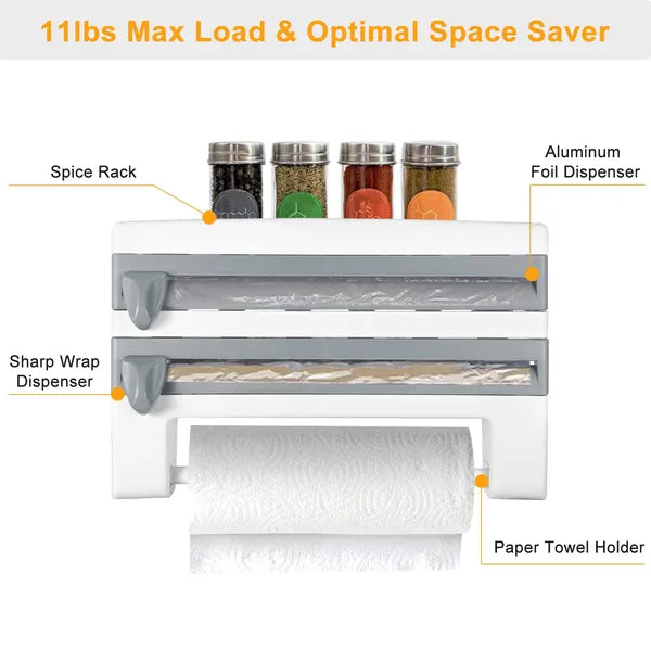 Aeelleea Wall Mount Paper Towel Holder with Cutter, 14.84in Multi Roll Dispenser for Plastic Wrap, Aluminum Foil, Kitchen Bathroom Storage Organizer