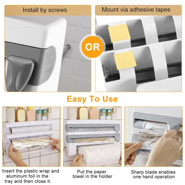 Aeelleea Wall Mount Paper Towel Holder with Cutter, 14.84in Multi Roll Dispenser for Plastic Wrap, Aluminum Foil, Kitchen Bathroom Storage Organizer