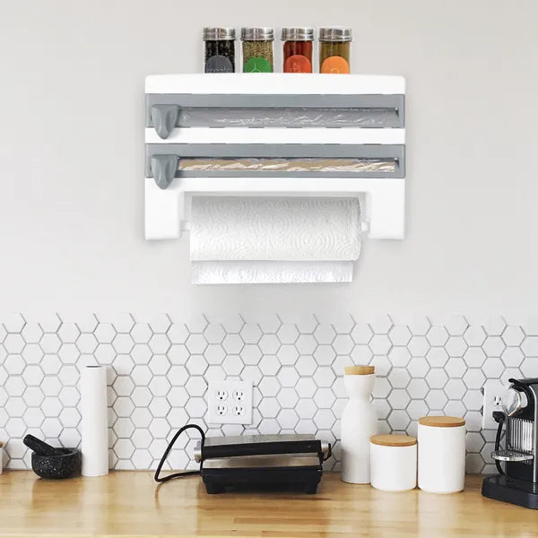 Aeelleea Wall Mount Paper Towel Holder with Cutter, 14.84in Multi Roll Dispenser for Plastic Wrap, Aluminum Foil, Kitchen Bathroom Storage Organizer