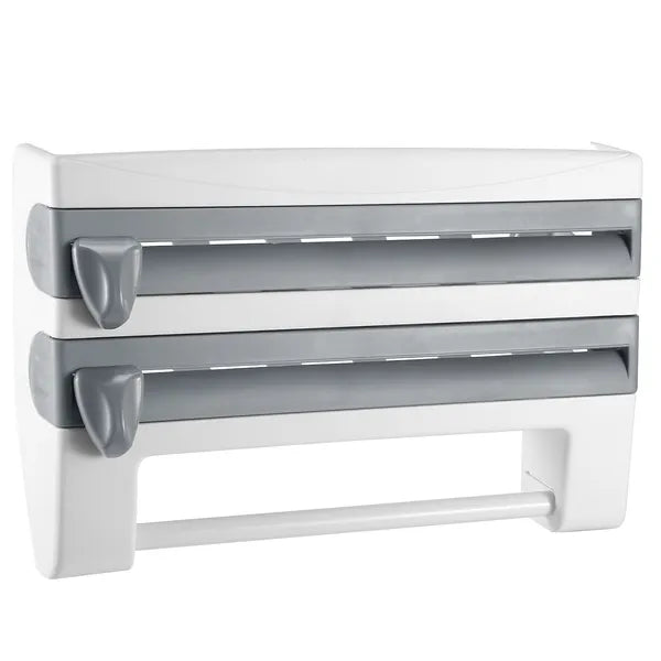 Aeelleea Wall Mount Paper Towel Holder with Cutter, 14.84in Multi Roll Dispenser for Plastic Wrap, Aluminum Foil, Kitchen Bathroom Storage Organizer