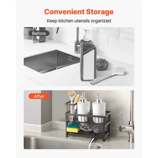 Kitchen Sink Caddy Organizer, Carbon Steel Countertop Sink Storage Rack with 360° Rotatable Drain Spout for Sponges, Brushes & Dish Soap