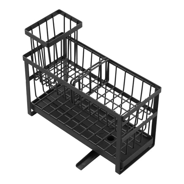 Kitchen Sink Caddy Organizer, Carbon Steel Countertop Sink Storage Rack with 360° Rotatable Drain Spout for Sponges, Brushes & Dish Soap
