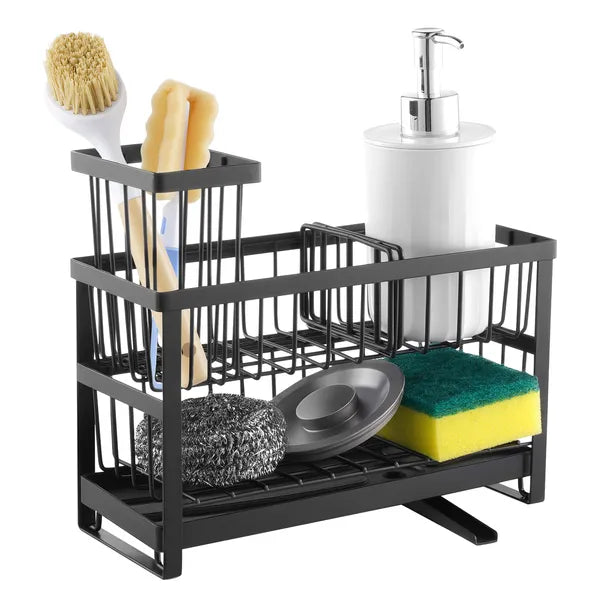 Kitchen Sink Caddy Organizer, Carbon Steel Countertop Sink Storage Rack with 360° Rotatable Drain Spout for Sponges, Brushes & Dish Soap
