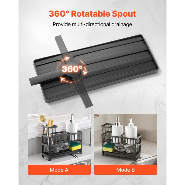 Kitchen Sink Caddy Organizer, Carbon Steel Countertop Sink Storage Rack with 360° Rotatable Drain Spout for Sponges, Brushes & Dish Soap