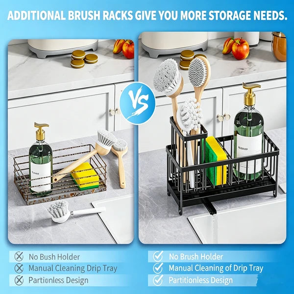 Kitchen Sink Sponge Holder, Dish Caddy with 360° Swivel Drain Spout, Adjustable Sponge Brush Organizer with Drain Tray