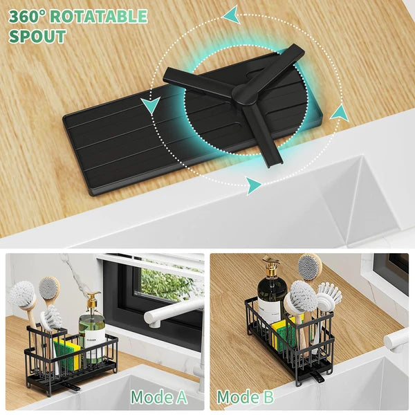 Kitchen Sink Sponge Holder, Dish Caddy with 360° Swivel Drain Spout, Adjustable Sponge Brush Organizer with Drain Tray