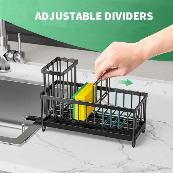 Kitchen Sink Sponge Holder, Dish Caddy with 360° Swivel Drain Spout, Adjustable Sponge Brush Organizer with Drain Tray