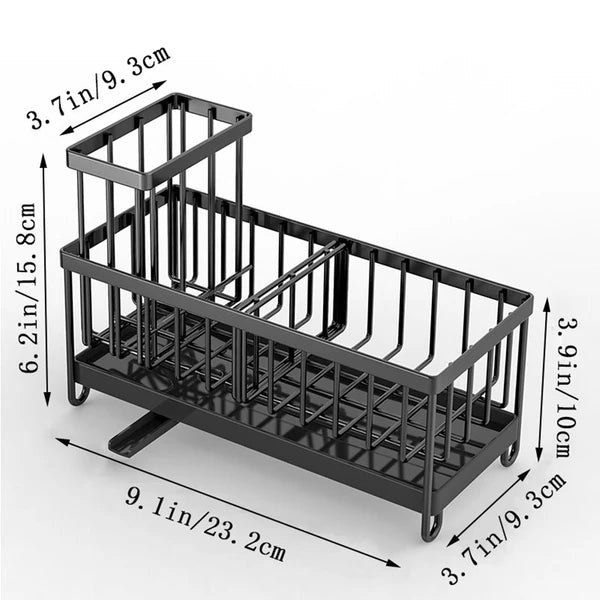 Kitchen Sink Sponge Holder, Dish Caddy with 360° Swivel Drain Spout, Adjustable Sponge Brush Organizer with Drain Tray