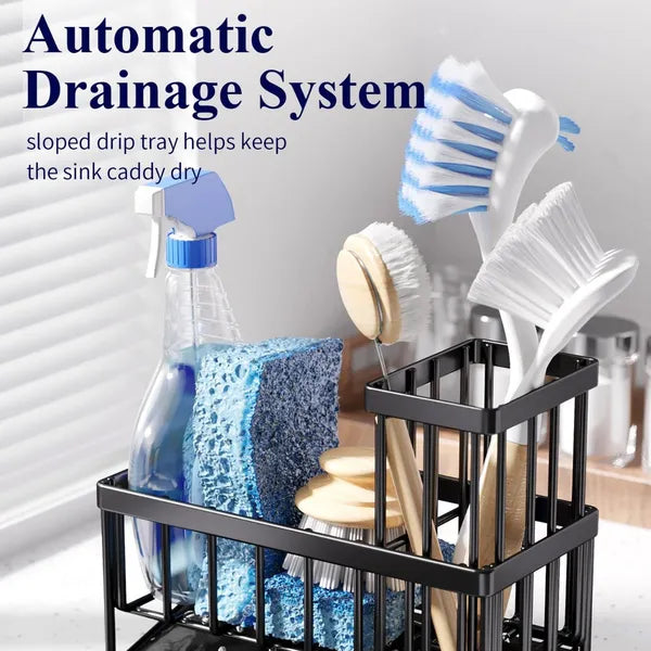 Kitchen Sink Sponge Holder, Dish Caddy with 360° Swivel Drain Spout, Adjustable Sponge Brush Organizer with Drain Tray