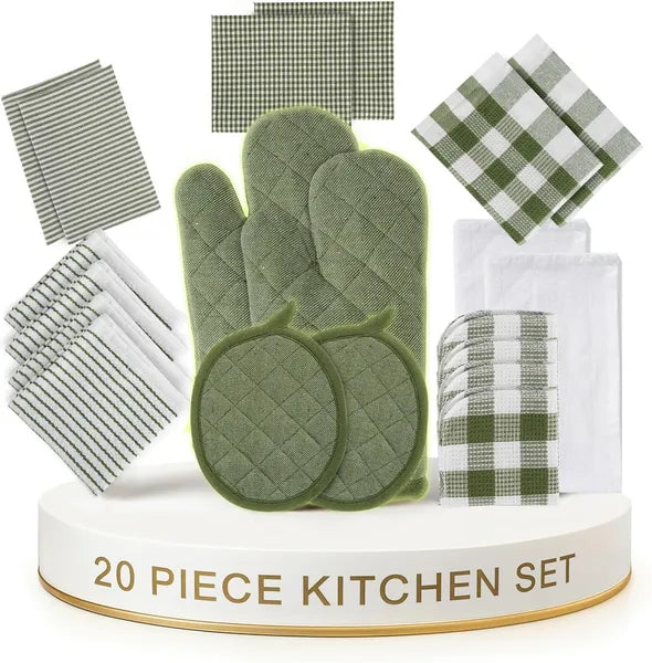 20 Pack Kitchen Towels & Pot Holders Set, Olive Green Cotton Dish Towels, Flour Sack Tea Towels, Absorbent Hand Towels & Heat Resistant Oven Mitts