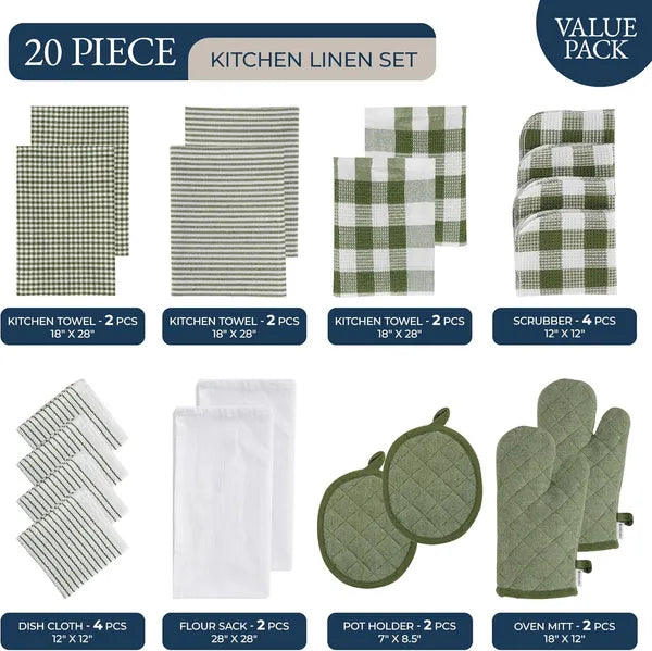 20 Pack Kitchen Towels & Pot Holders Set, Olive Green Cotton Dish Towels, Flour Sack Tea Towels, Absorbent Hand Towels & Heat Resistant Oven Mitts