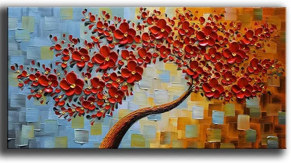 Aeelleea Framed Canvas Wall Art, 60×24 Inch Hand Painted 3D Red Floral Oil Painting, Modern Abstract Art for Living Room Bedroom Office Decor