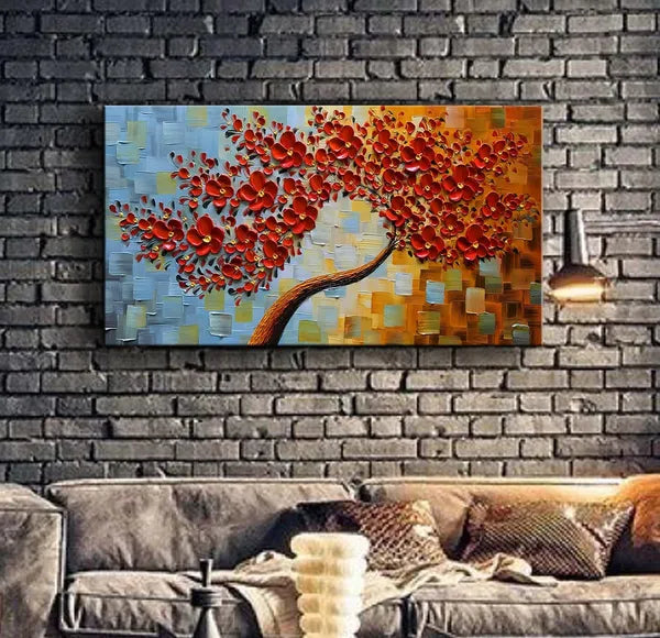 Aeelleea Framed Canvas Wall Art, 60×24 Inch Hand Painted 3D Red Floral Oil Painting, Modern Abstract Art for Living Room Bedroom Office Decor