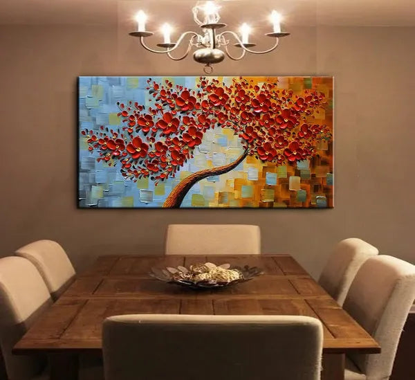 Aeelleea Framed Canvas Wall Art, 60×24 Inch Hand Painted 3D Red Floral Oil Painting, Modern Abstract Art for Living Room Bedroom Office Decor