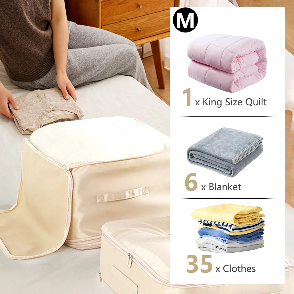 Large Foldable Self-Compression Storage Bag, Nylon Dustproof Moistureproof Organizer for Comforter, Quilt, Bedding, Clothes, Dual Zipper & Reinforced Handles, M Size
