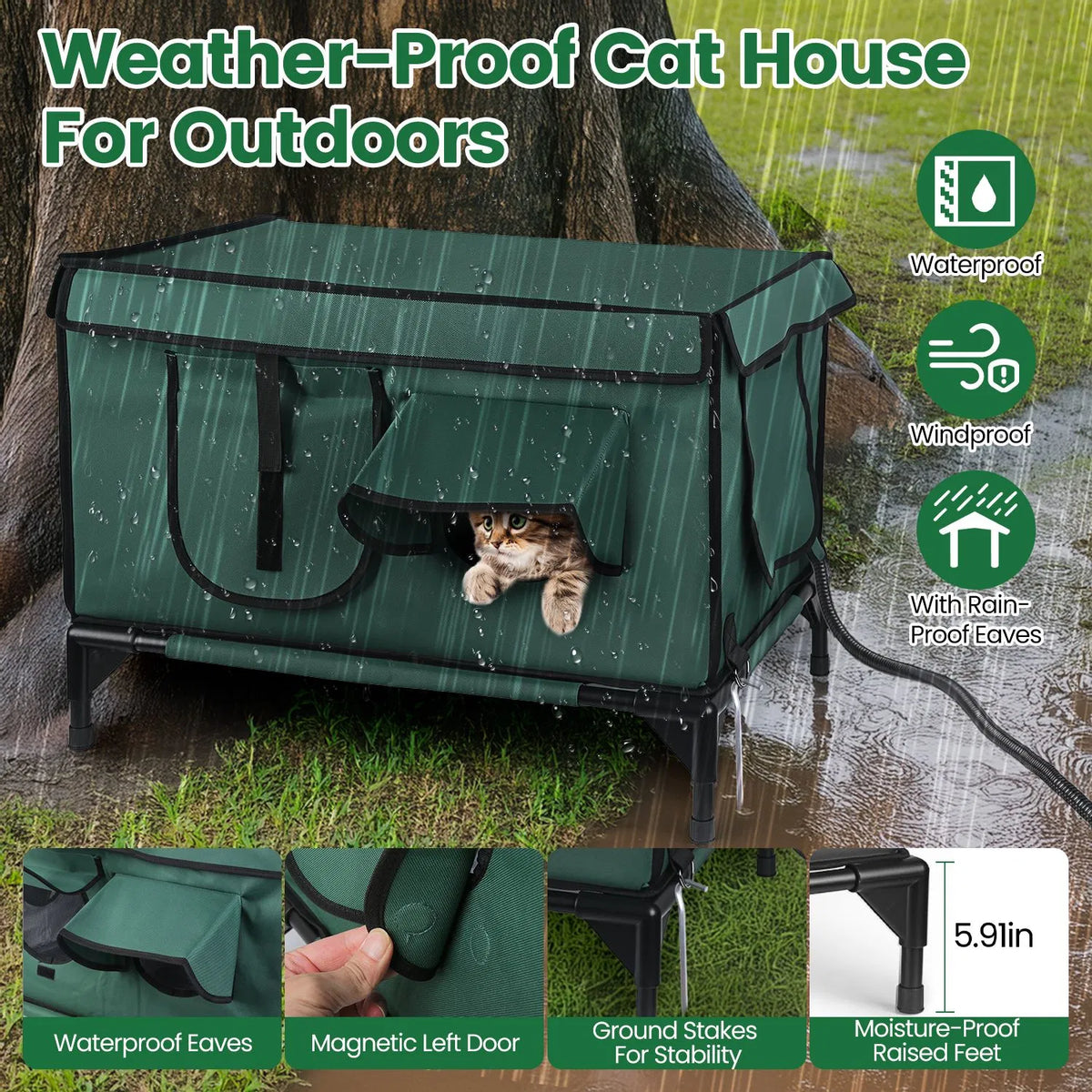 Large Heated Cat House Outdoor, 600D Waterproof Oxford, Heating Pad, 2 Doors & Windows, Raised Feet & Stakes, Porch Garage Barn
