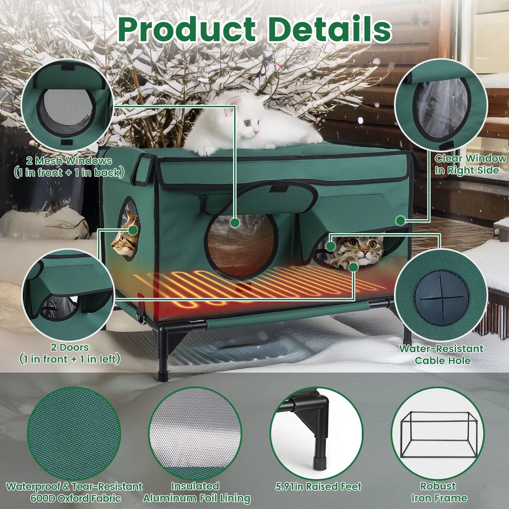 Large Heated Cat House Outdoor, 600D Waterproof Oxford, Heating Pad, 2 Doors & Windows, Raised Feet & Stakes, Porch Garage Barn