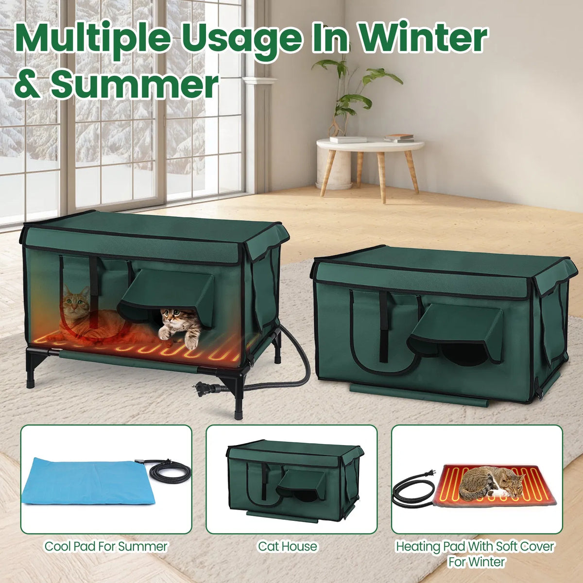 Large Heated Cat House Outdoor, 600D Waterproof Oxford, Heating Pad, 2 Doors & Windows, Raised Feet & Stakes, Porch Garage Barn