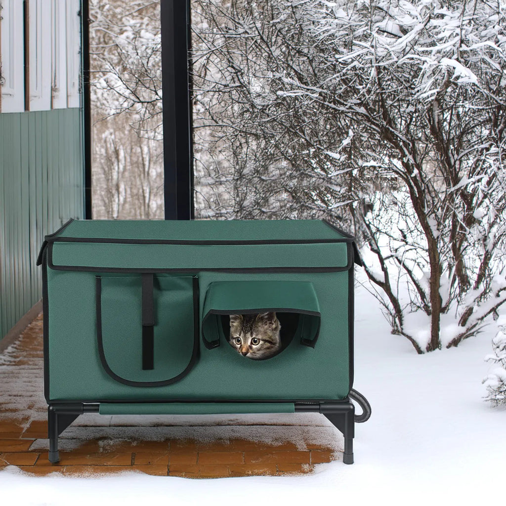 Large Heated Cat House Outdoor, 600D Waterproof Oxford, Heating Pad, 2 Doors & Windows, Raised Feet & Stakes, Porch Garage Barn