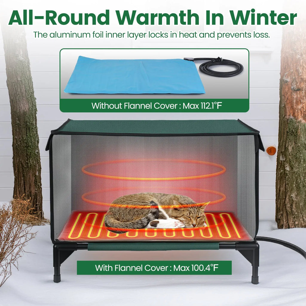 Large Heated Cat House Outdoor, 600D Waterproof Oxford, Heating Pad, 2 Doors & Windows, Raised Feet & Stakes, Porch Garage Barn