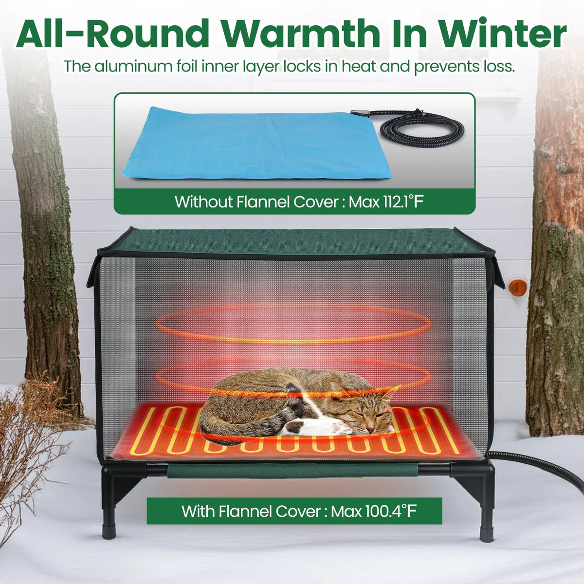 Large Heated Cat House Outdoor, 600D Waterproof Oxford, Heating Pad, 2 Doors & Windows, Raised Feet & Stakes, Porch Garage Barn