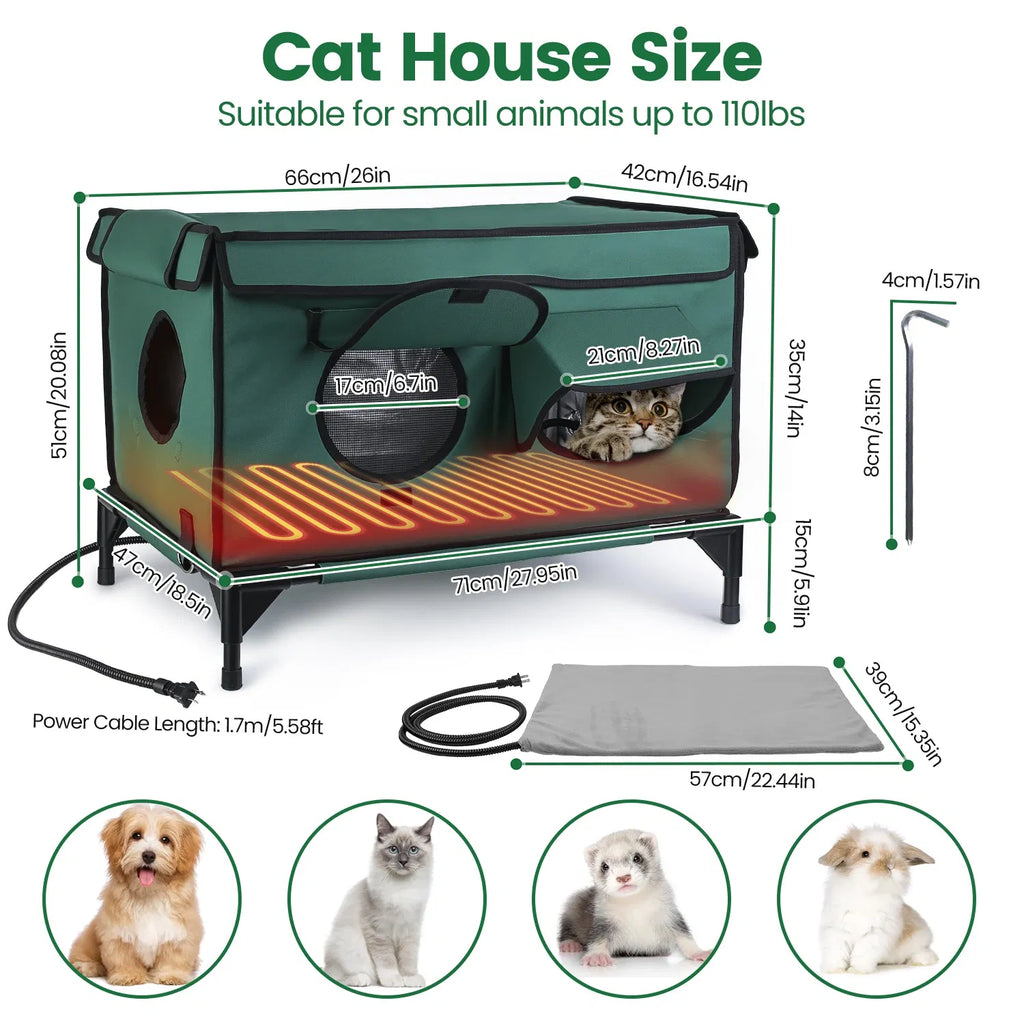 Large Heated Cat House Outdoor, 600D Waterproof Oxford, Heating Pad, 2 Doors & Windows, Raised Feet & Stakes, Porch Garage Barn